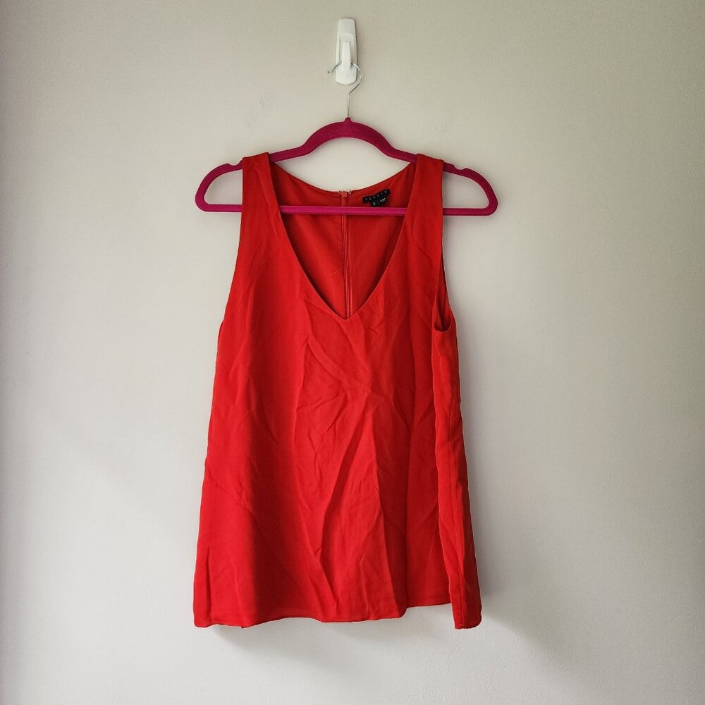 Theory Sleeveless Silk Blouse | Medium | Red V Neck Lined Zip Up Tank RN 98406